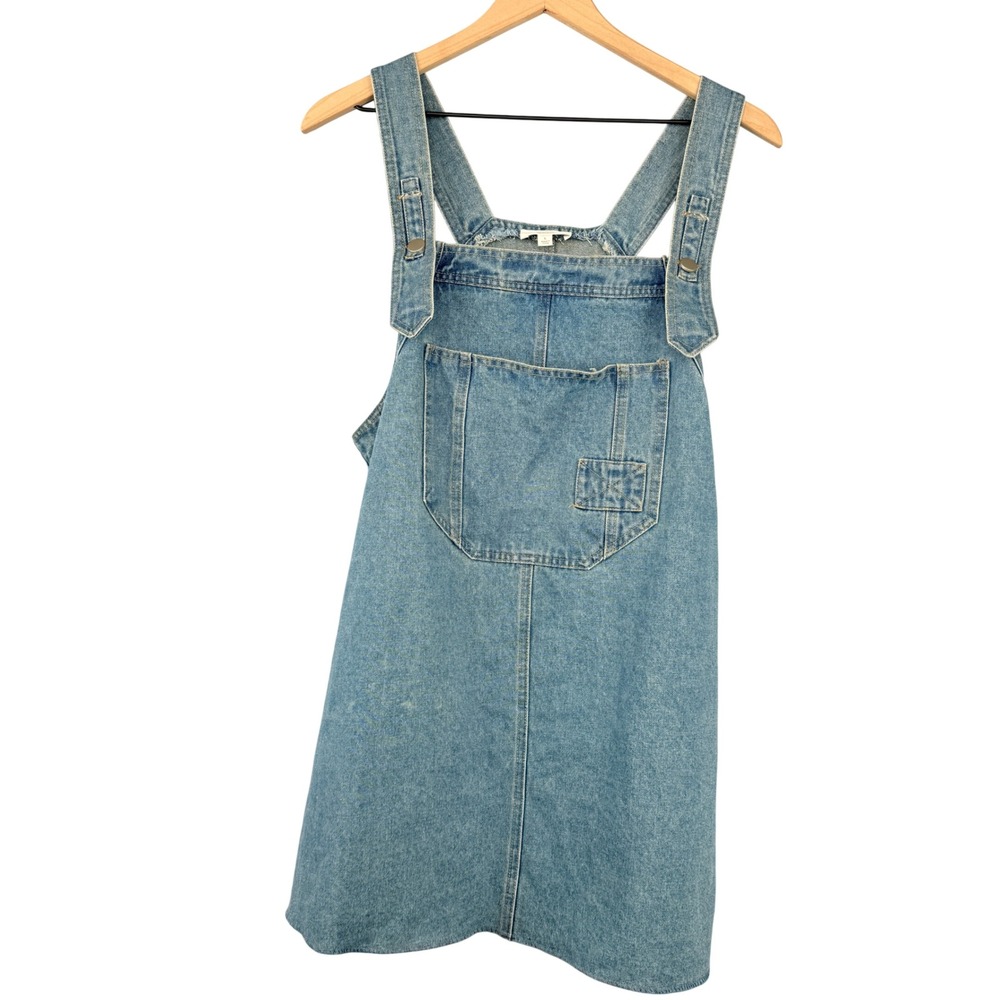 Oddi Denim Overall Dress Womens L Blue Pinafore Mini Pockets Distressed Upcycled